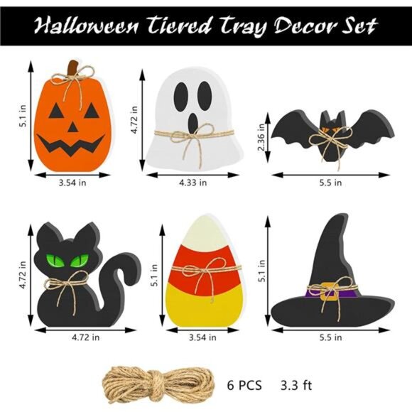 6PCS Halloween Wooden Signs - Pumpkin, Ghost, Bat, Cat, Witch‎ Hat, Candy Corn - Picture 3 of 8